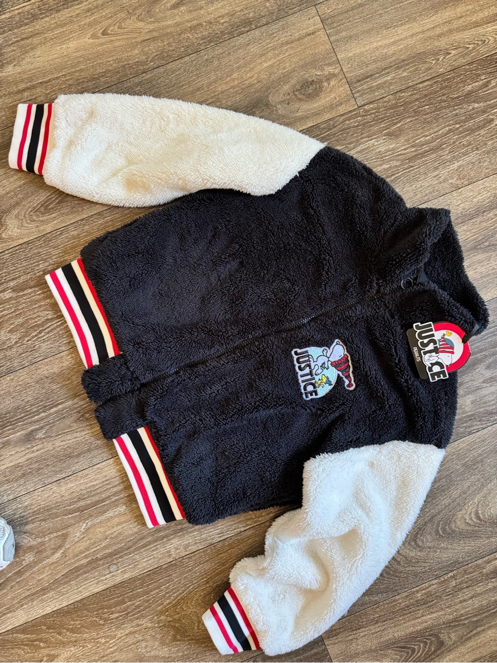 Justice Black & White Sherpa Snoopy Patch Bomber Jacket
